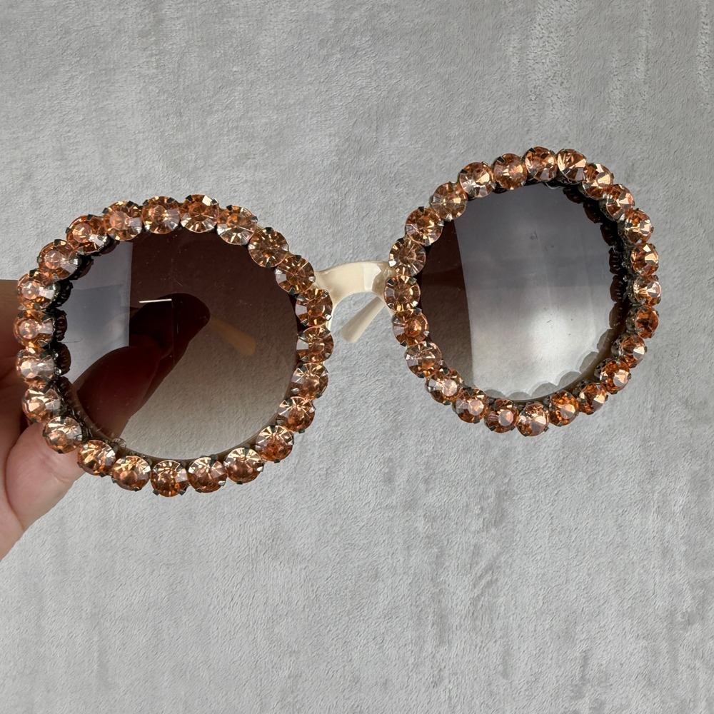 Round Oversized Cream Crystal Encrusted Sunglasses Amber Rhinestone H1005 60-21